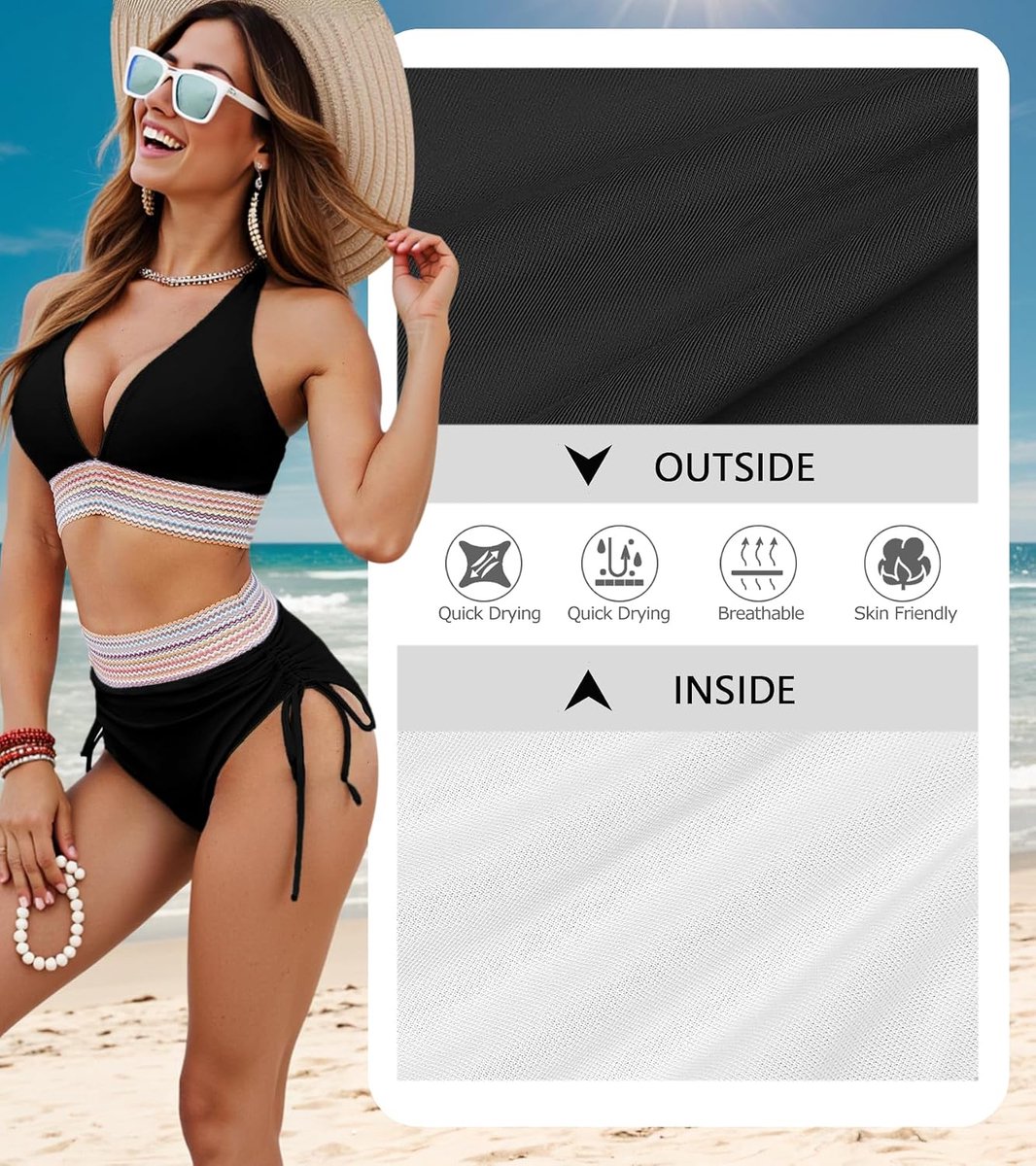 Bikini-set voor dames, tweedelig, hoge taille, strandbikini, afslankeffect, met vulling, 2-delig, V-hals, push-up