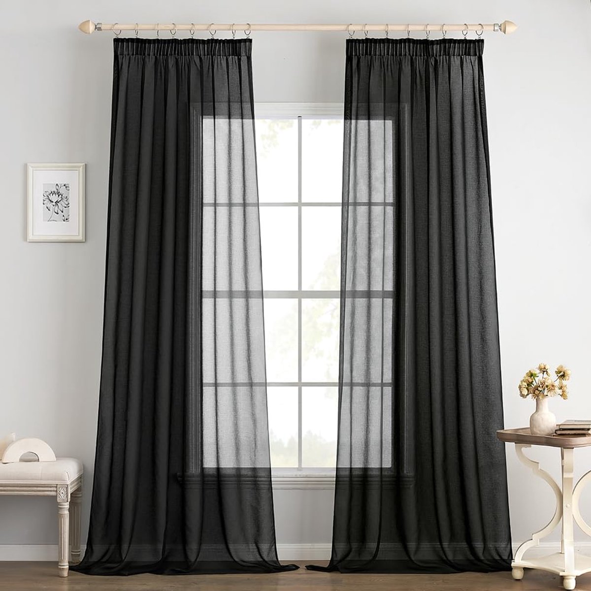 Glasgordijn, polyester voilegordijn met plooiband, transparante vitrage, luchtig, decoratief, voor slaapkamer en woonkamer, set van 2 gordijnen, 140 X 145 cm (b x h), zwart