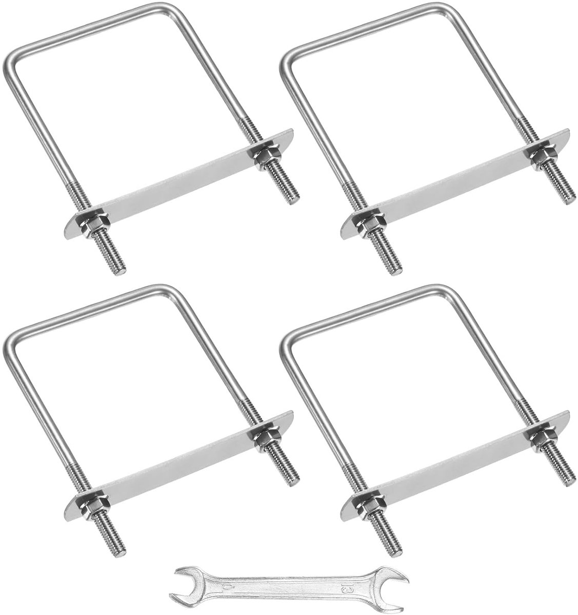 U-boutenset (M6 x 70 x 100 mm, zilver), 4 vierkante U-bouten van roestvrij staal 304 met steunplaten, moeren en sluitringen en sleutels, voor ski/board/boot