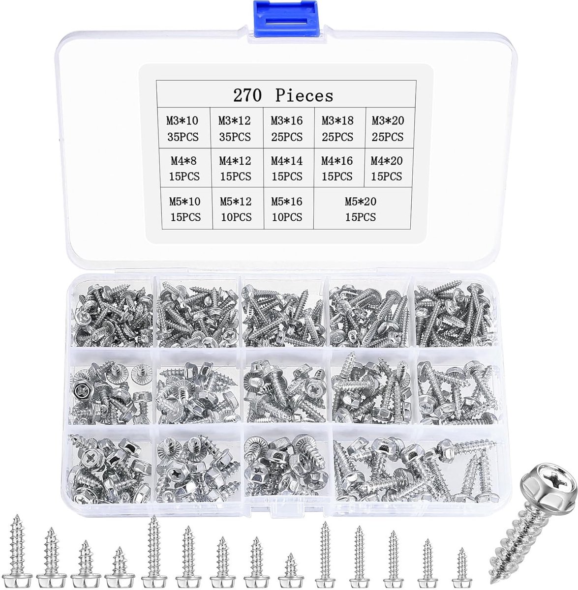 270 stuks zelftappende schroeven, metaal, M3, M4, M5, zeskantschroeven, kruiskop, plaatschroeven, zelftappend, metalen dakschroeven voor gipsplaten, houtschroeven, boorschroeven