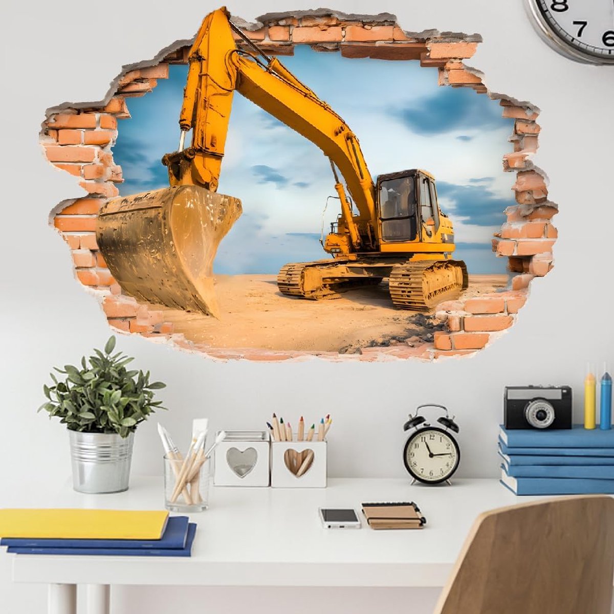 3D Muursticker Graafmachine Baksteenwand Zelfklevende Muursticker Waterdicht Afpelbaar Muurdecoratie Muursticker Voor Woonkamer Kinderkamer Slaapkamer Appartement Speelkamer 81x56,8 cm
