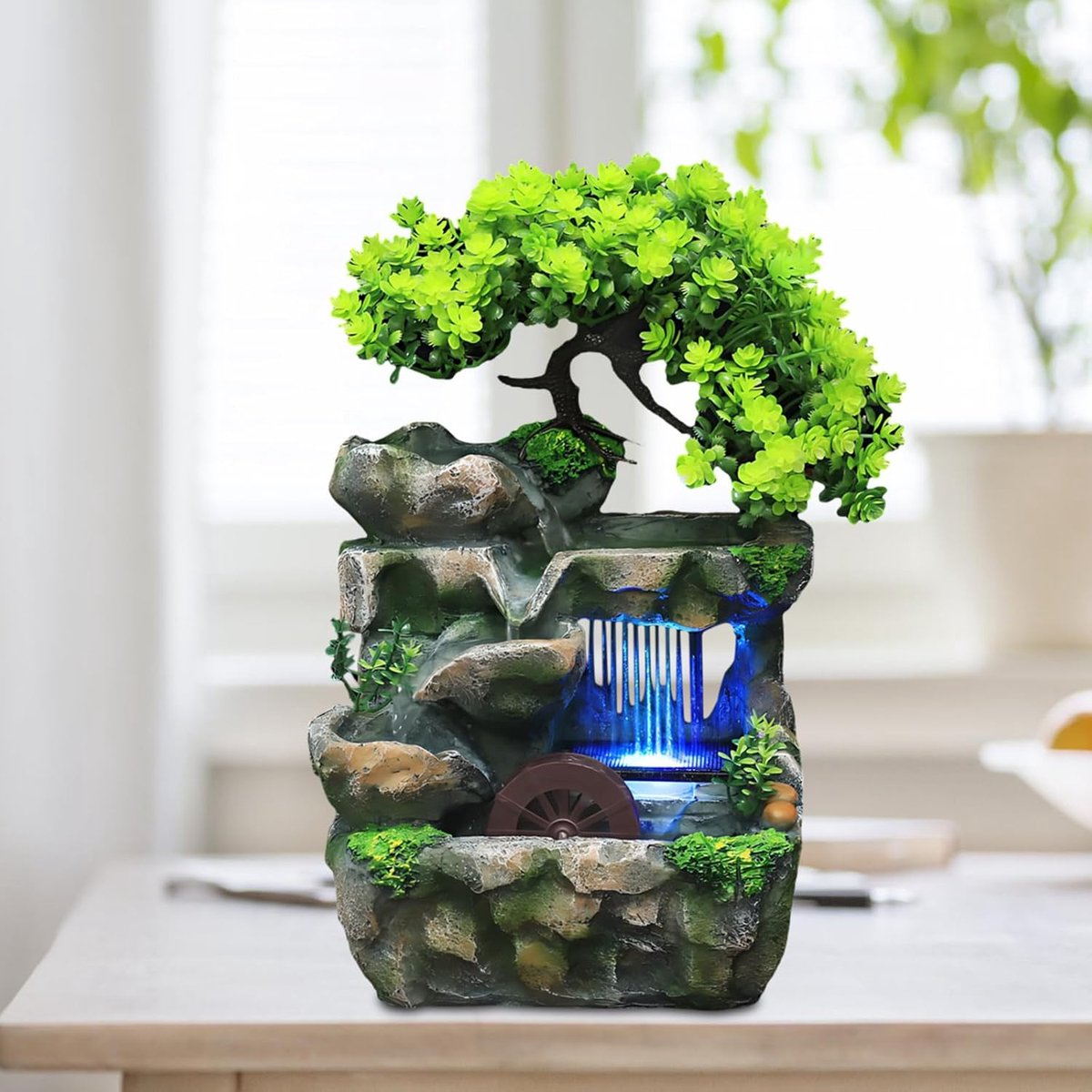 plantenfontein, tafelfontein, waterval met kleurverandering, ledverlichting, tafelfontein met Feng Shui Wiel, fontein voor plaatsing in de woonkamer, kantoor, reinigt de lucht (15 x 18 x 30 cm)