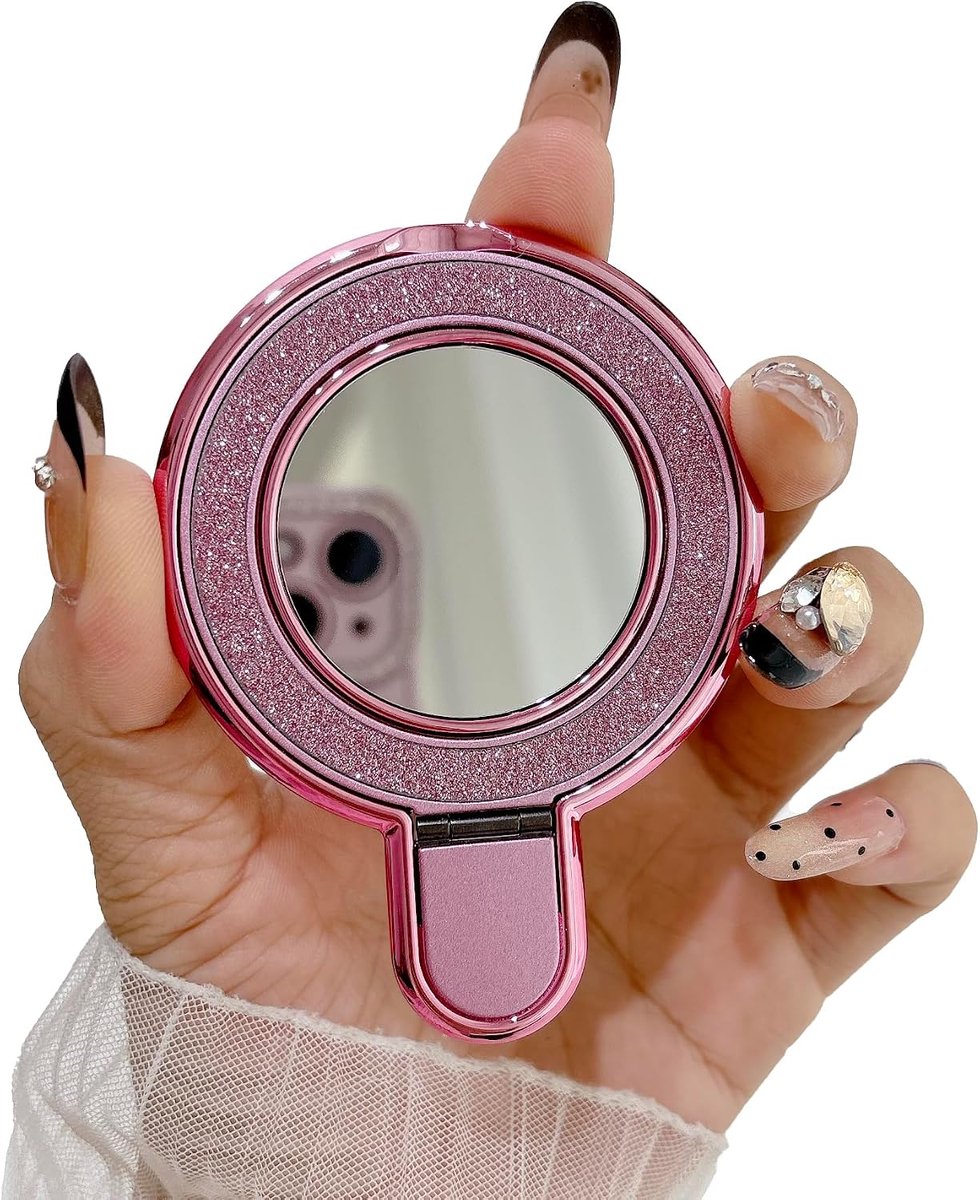 Telefoonringhouder, telefoonstandaard, ingebouwde spiegel, verstelbare telefoongreep, telefoonaccessoires voor meisjes en vrouwen (roze)