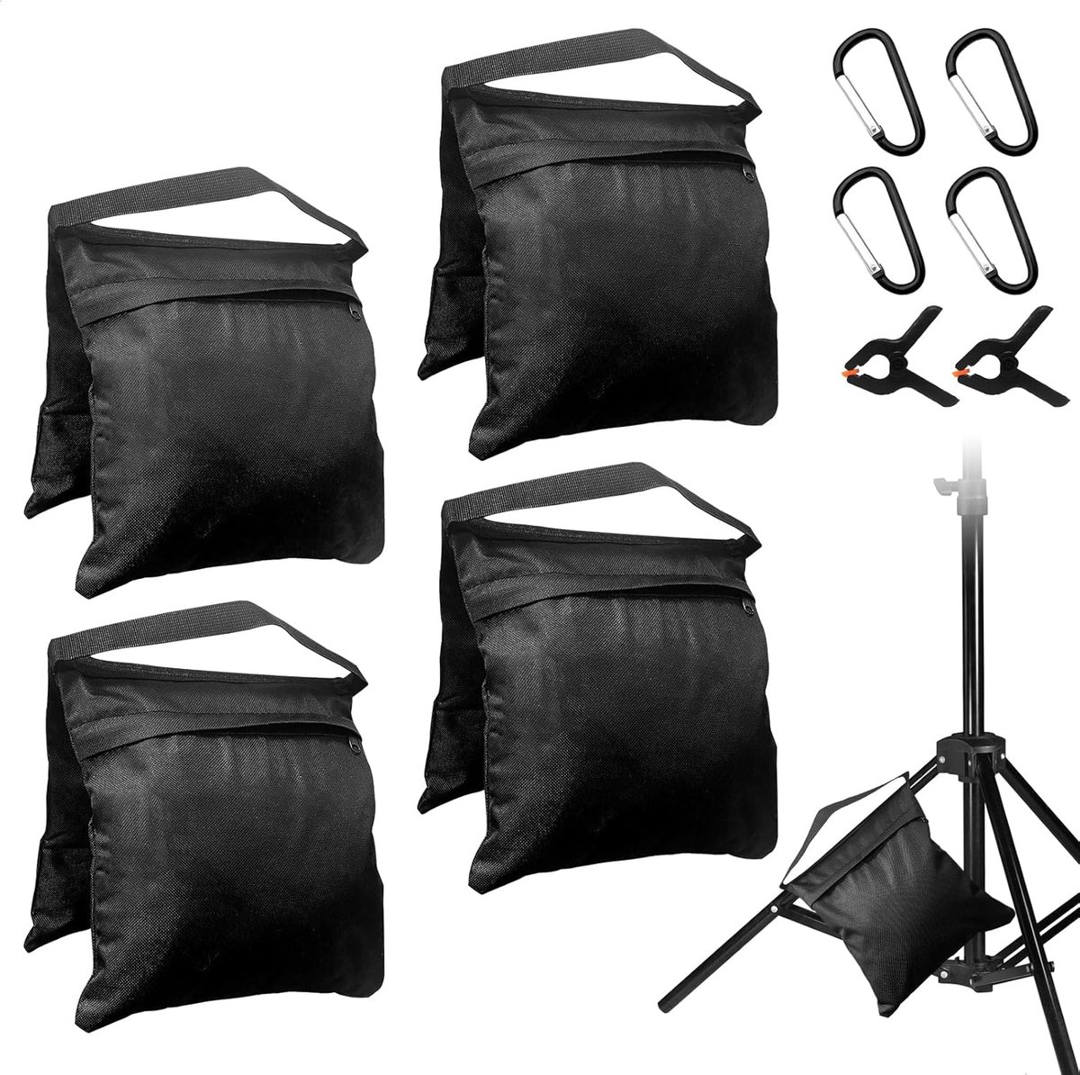 Set van 4 professionele verzwaringszakken, Oxford-weefsel 800D, waterdicht, met 8 binnenzakken, 4 haken en 2 tangen, voor fotostatief, studio, campingtenten en paviljoenen, 59 x 27 cm
