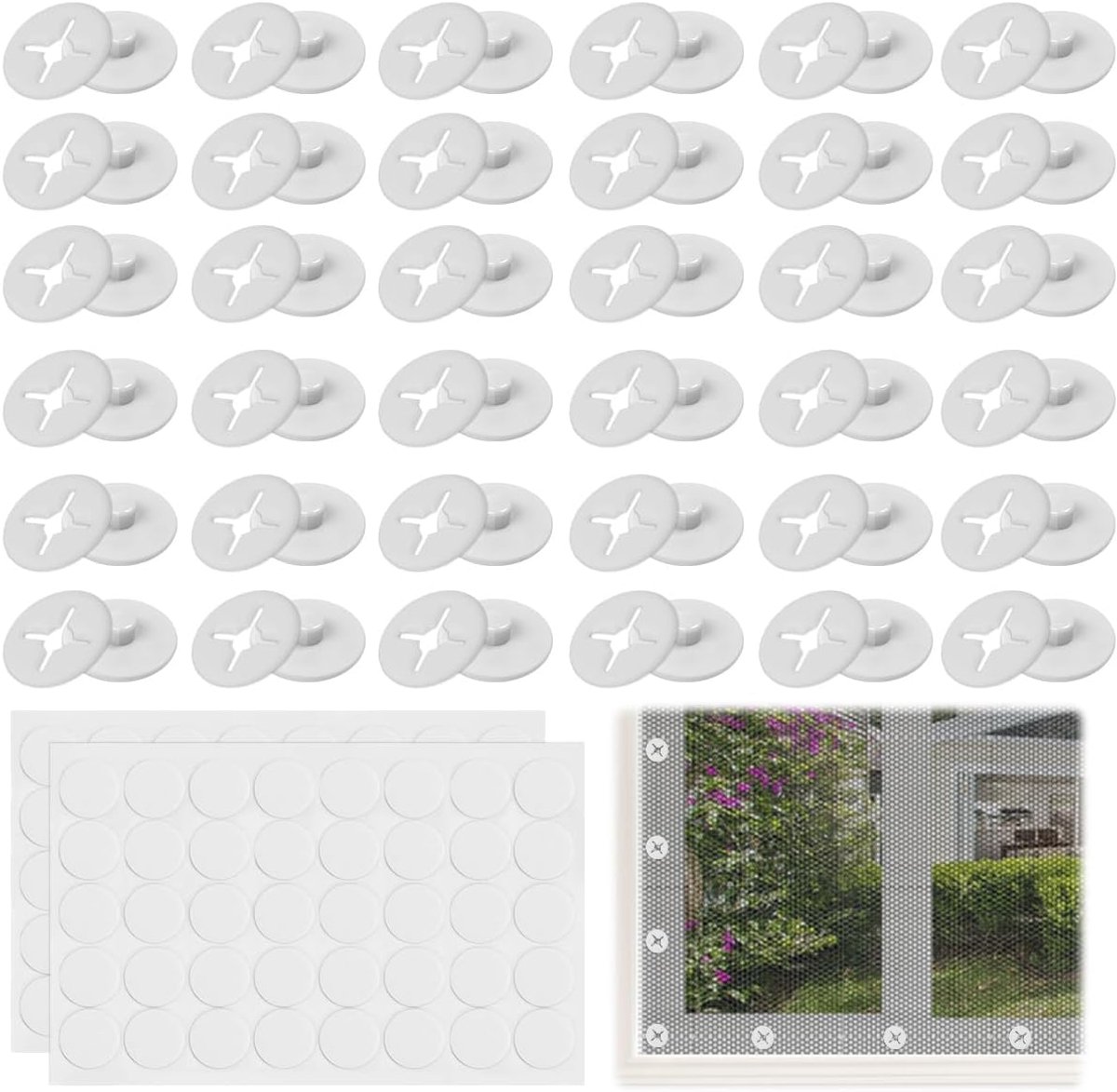 Set van 40 raamschermgespen zelfklevende strips, schermmontage gespen schermgesp bevestigingsknoppen voor gaasgordijnen, deurgordijnen, insectennet, zonder boren (wit)