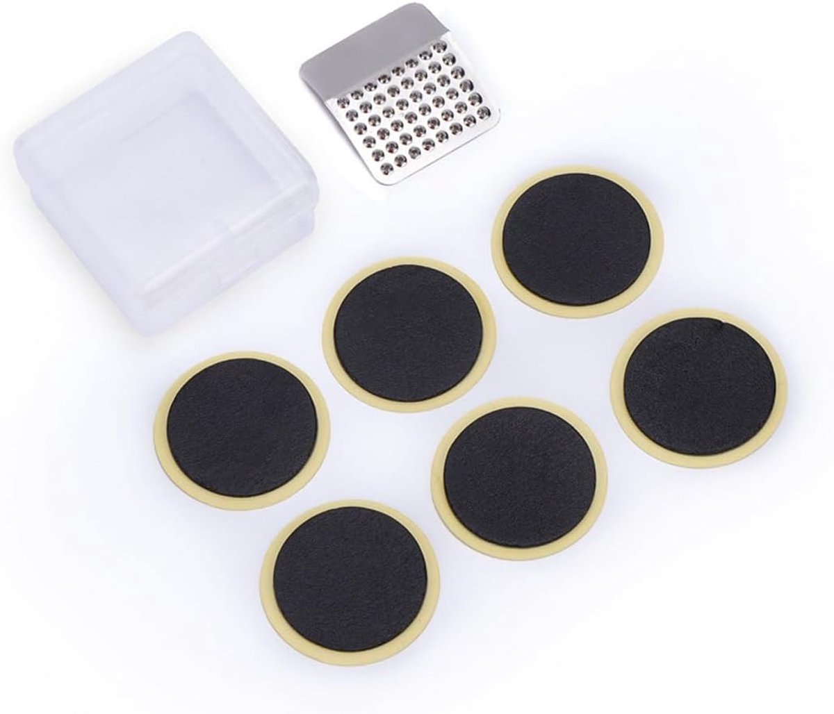 Bandenreparatieset voor fiets en MTB, zelfklevende fietsbandpatches, lijmvrije schuimrubberen patches met metalen schuurblad, 6 x opbergdoos