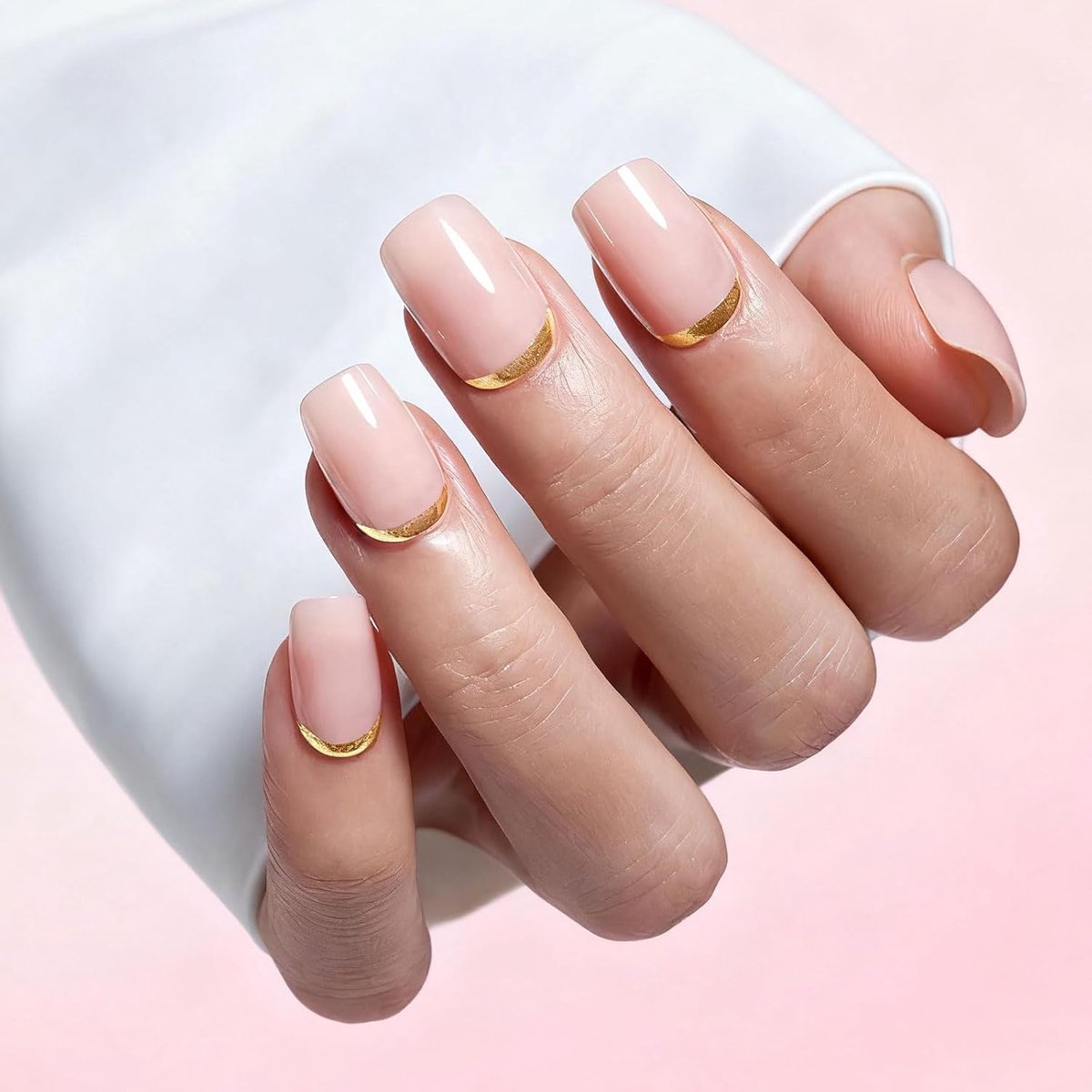 Franse Tip Druk Op Nagels Korte, Vierkante Kunstnagels, Herbruikbare Nagelset, Geschenk voor Vrouwen Meisjes, Gouden Nude, 24 Stuks