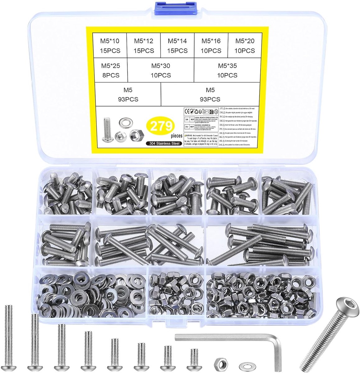 schroevenset, 279 stuks, lenskopschroeven met moeren, set met binnenzeskantschroeven, moeren set, schroefdraadschroeven en moeren, roestvrij staal, machineschroeven, assortiment, sluitringen, set
