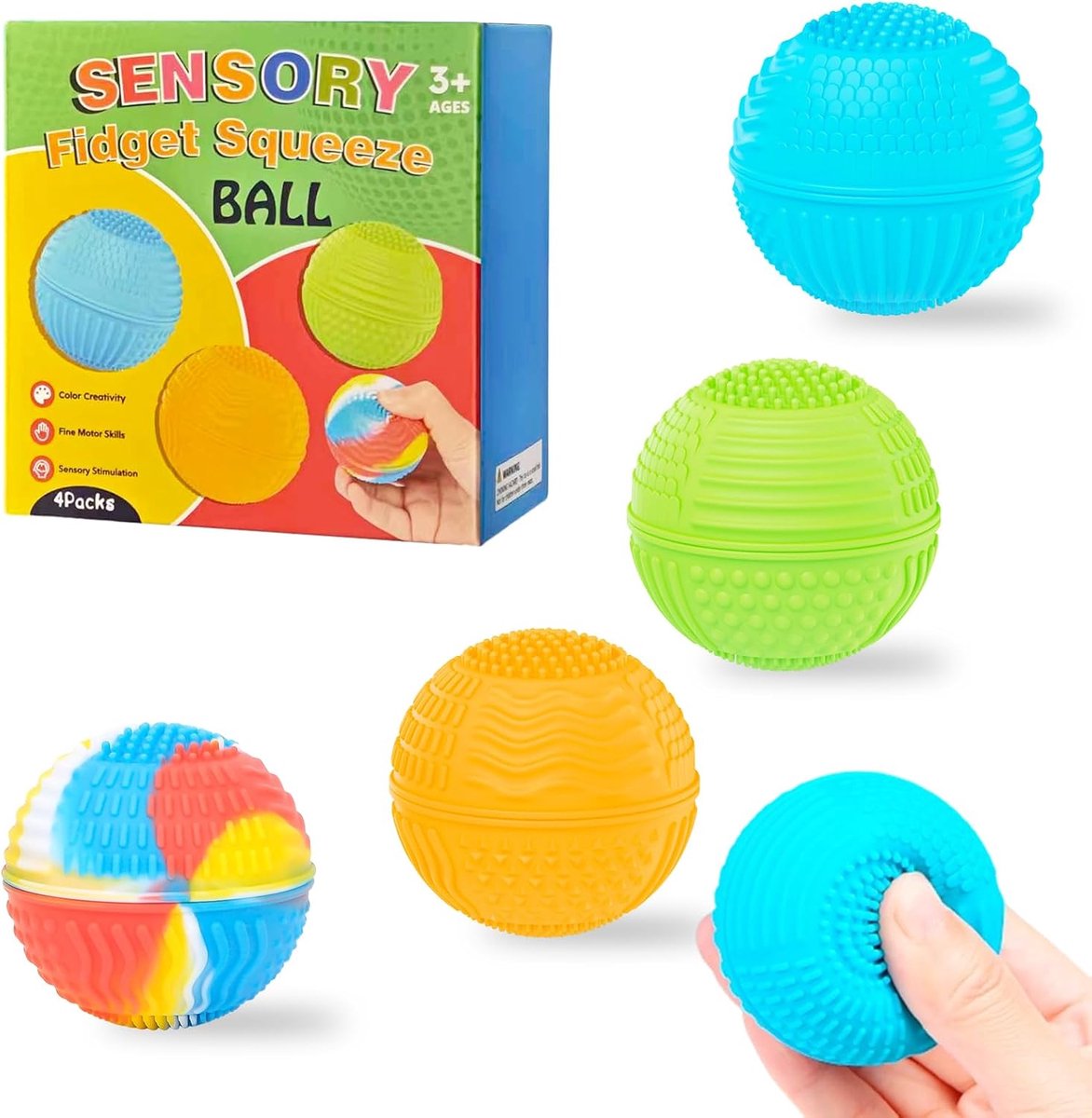 4 stressballen, 10 texturen, stressvermindering en angstoplosser voor iedereen | 4 anti-stressballen, 10 texturen, tegen stress en angst, magneetvrij en veilig, voor iedereen, ideaal bij ADHD/autisme.