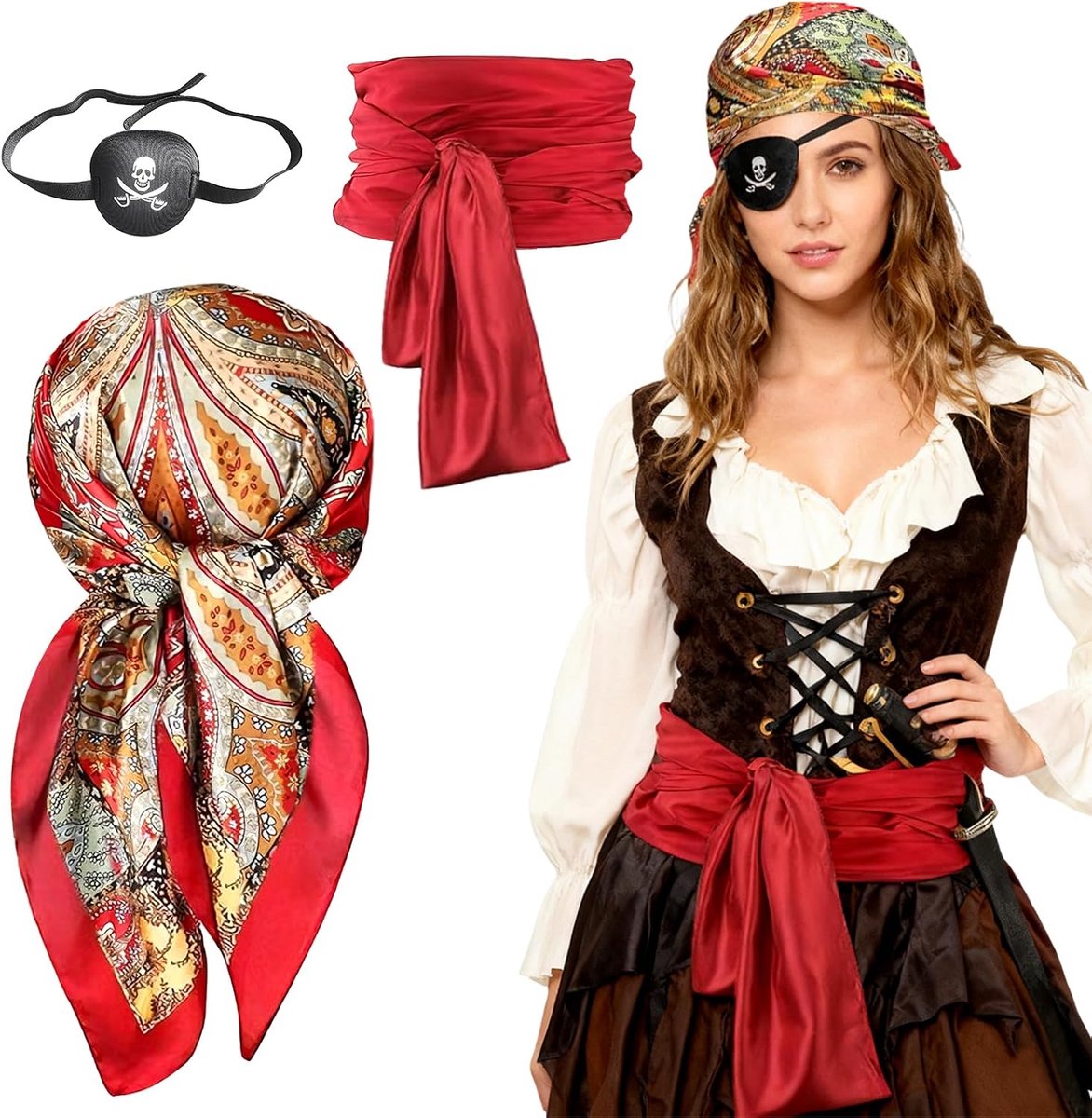 3 stuks piratenkostuumaccessoires dames heren, piratenverkleding accessoires met piratenooglapjes, hoofddoek, sjerp, voor carnaval, Halloween, cosplay party