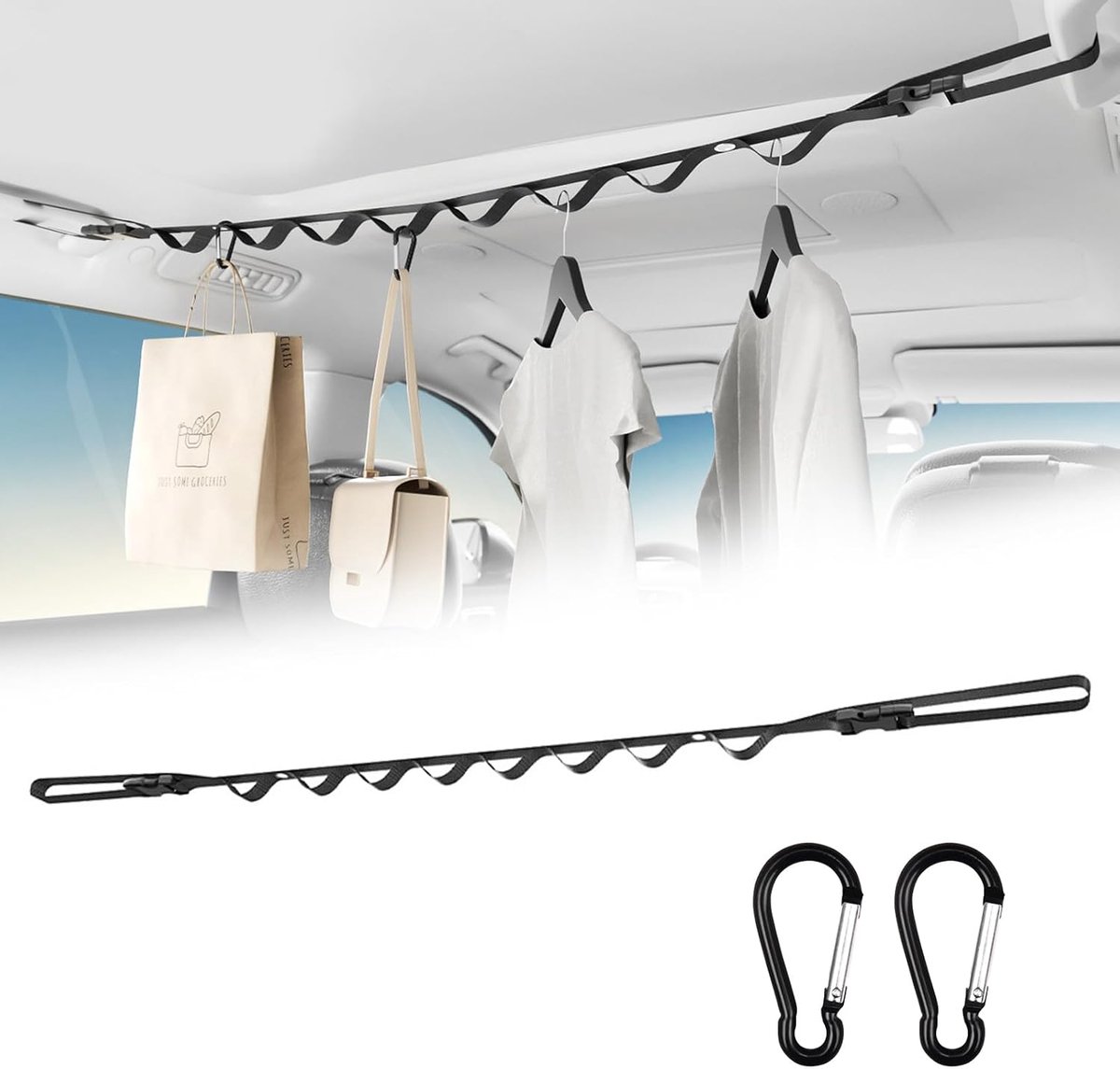 auto met 2 karabijnhaken, autokleerhanger met bevestigingsgesp, kledingstang voor auto-reizen, 83-119 cm, autokleerhanger voor vrachtwagens, SUV's, wagons, bestelwagen, bevestiging aan de
