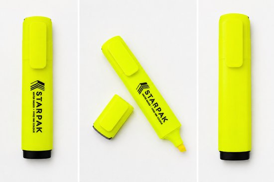 Marqueur Starpak jaune avec capuchon noir et texte "STARPAK WATER BASED - VIVID INK COLOUR".