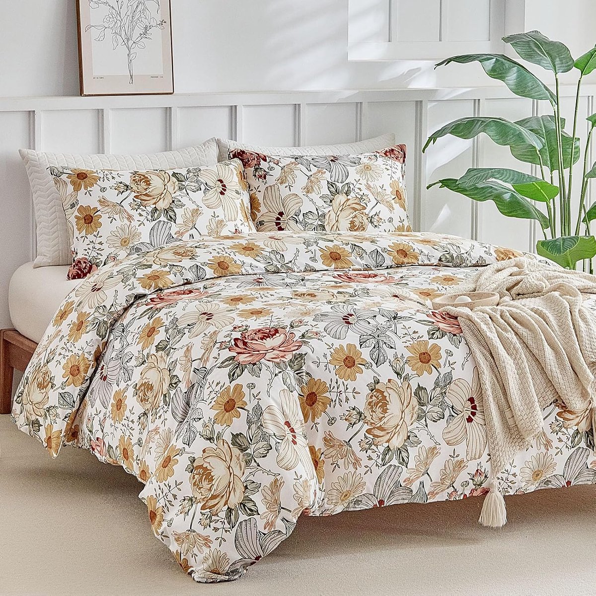 Dekbedovertrek 200 x 200 cm met 2 kussenslopen 65 x 65 cm - veelkleurig bloemenmotief - 100% microvezel beddengoed 200 x 200 cm met ritssluiting