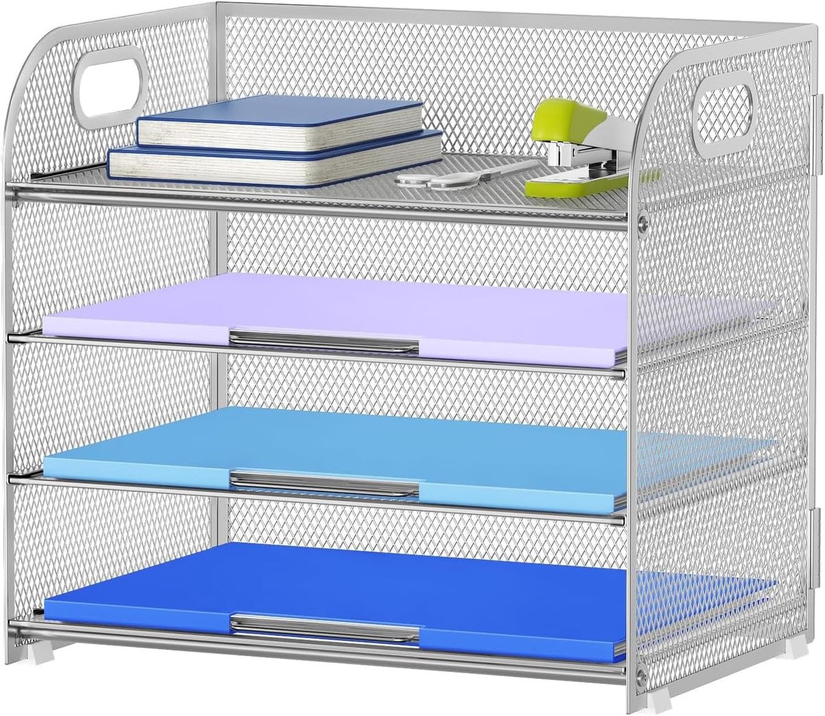 Desk Trays Organiser, 4 Tier Letter Paper Tray met handvat, gaas in lade voor bureau Office Home A4 File Document Storage (Zilver)