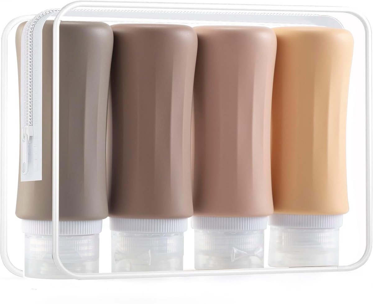 Set van 4 Draagbare Reisflesjes Van Siliconen, Goedgekeurd Door de CAA, 98 Ml, Lekvrij, Navulbaar, Knijpbaar voor Lotion, Vloeibare Shampoos, Zepen En Toiletartikelen