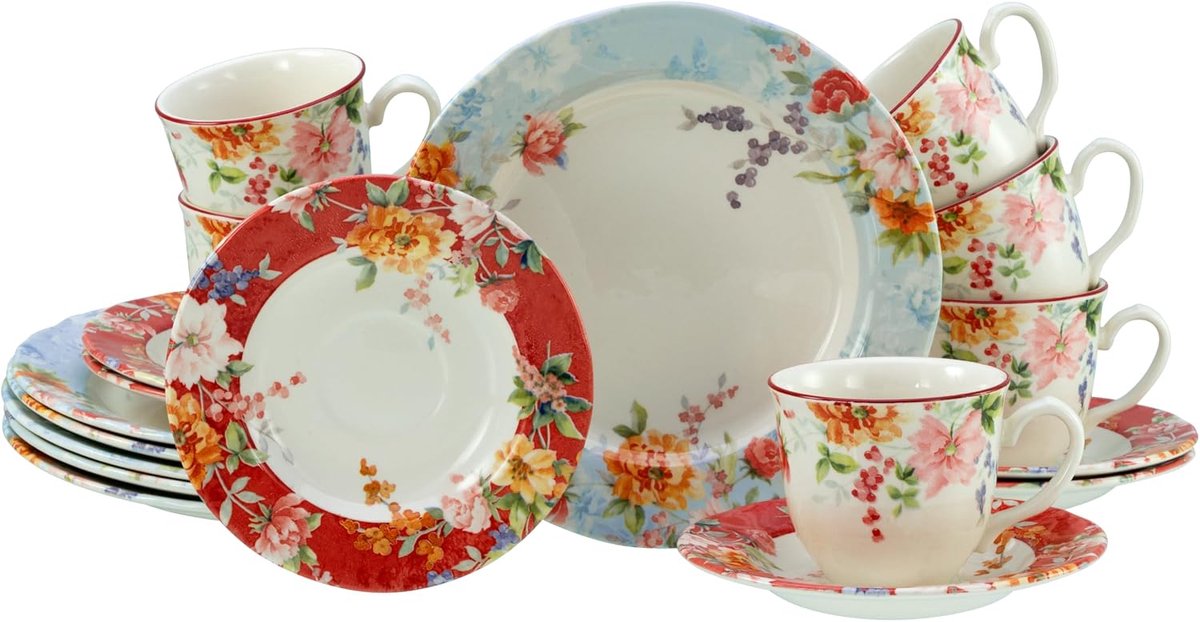 24487, serie Crimson, 18-delige serviesset voor 6 personen, koffieservies van aardewerk, vaatwasser- en magnetronbestendig, kwaliteitsproductie