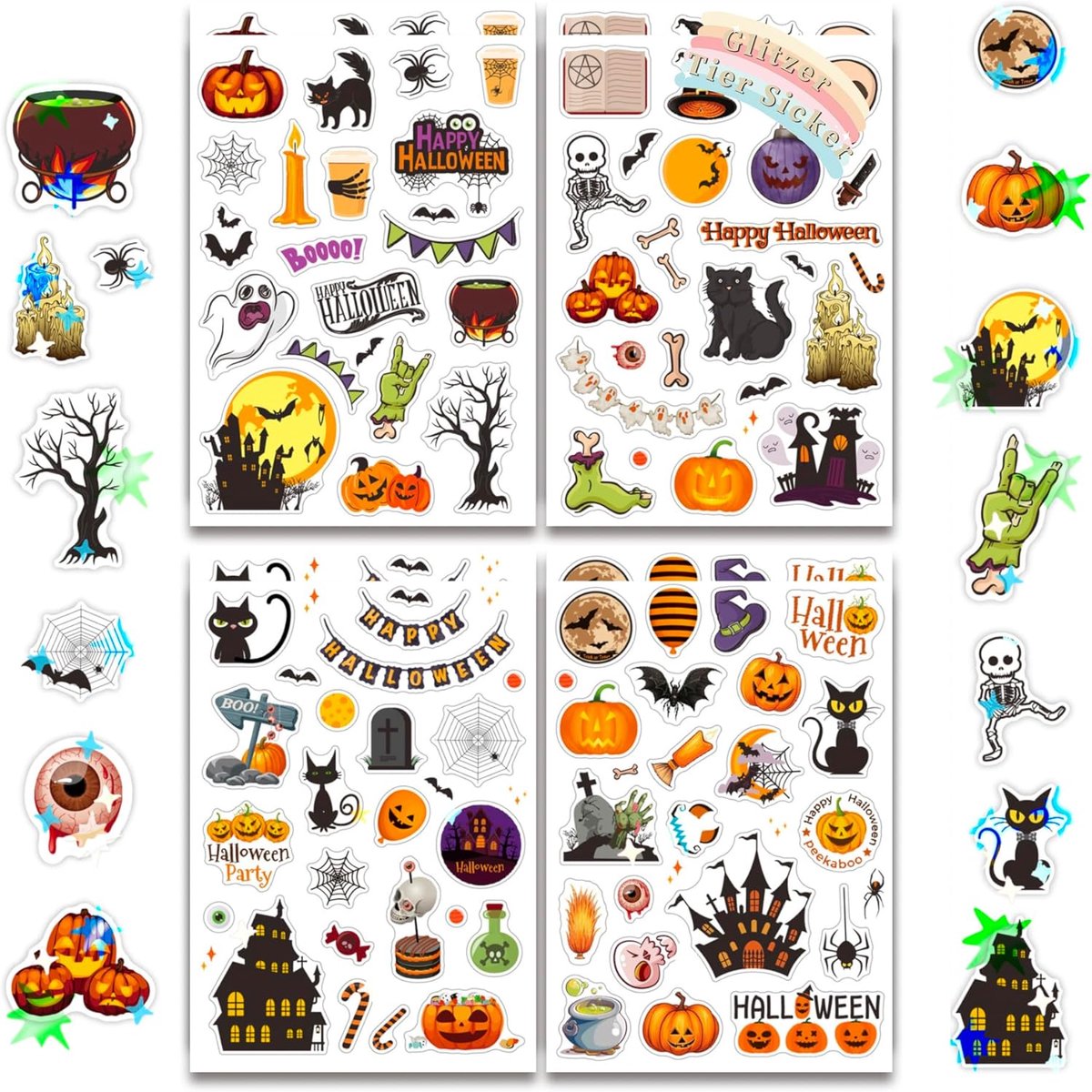 8-delige Halloween-glitterstickers met glittereffect, meer dan 200 patronen van glitterstickers, Happy Halloween, geschikt voor kinderen, meisjes, scrapbook-albumgeschenken