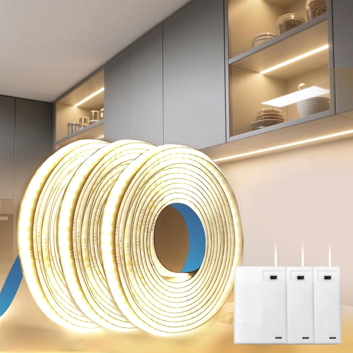 Strip Batterijen COB 3x1M 5V 320LEDs/M Neutraal Wit 4000K Zelfklevend Flexibel Batterij Aangedreven Ledstrip Indoor voor Slaapkamer Keuken Kast Planken Trappen Woonkamer Decoraties