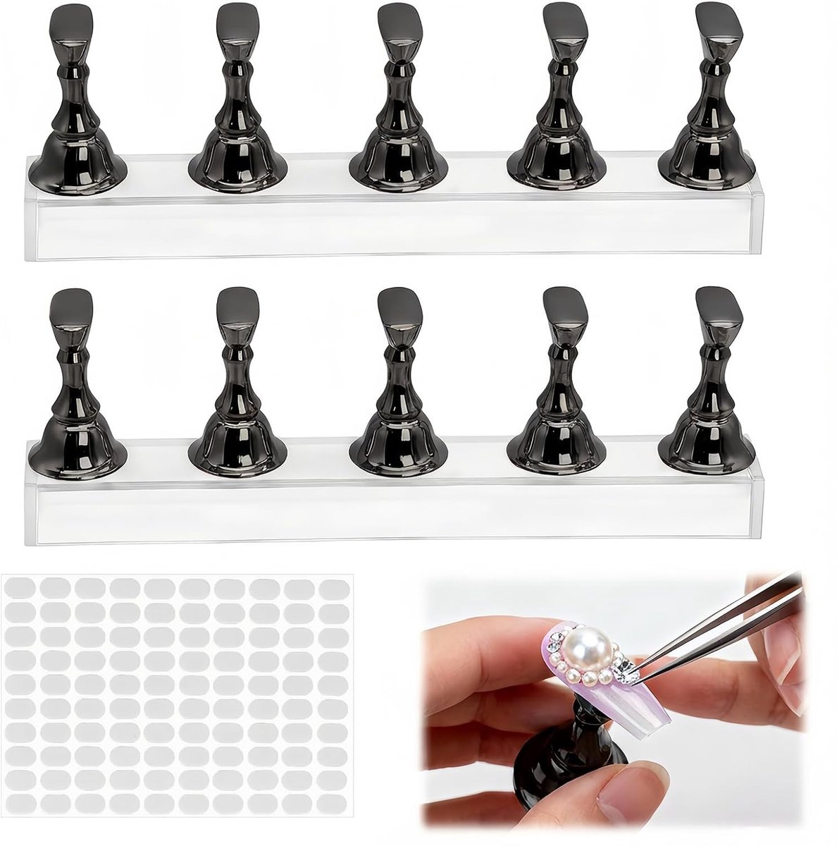 2 stuks magnetische houders voor kunstnagels, nagelhouder met acrylbasis en 100 stickers, magnetische nail art houder (zwart)