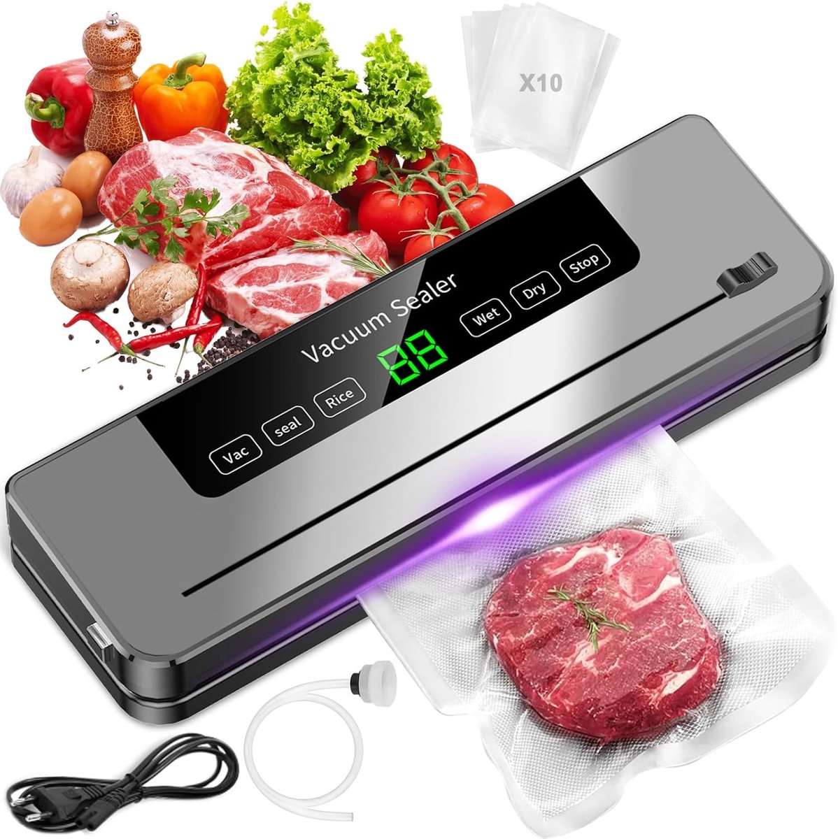 Vacuümsealer voor levensmiddelen, 6-in-1 multifunctioneel vacuümapparaat voor levensmiddelen, digitaal led-display, het vershouden van levensmiddelen (10 vacuümzakken en 1 accessoireslang)