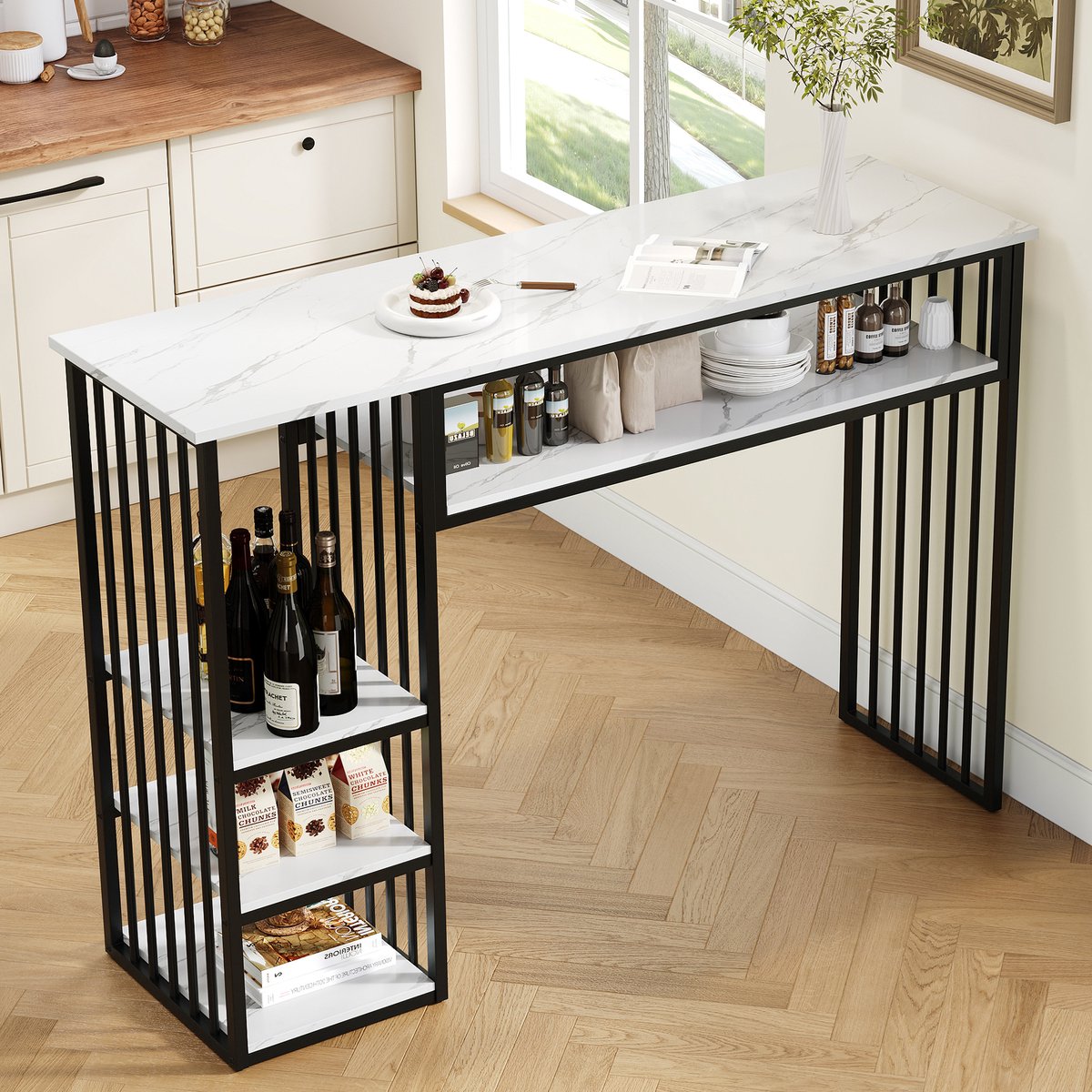 Pugsdrly Bar-tafel met opbergruimte, 140×40×105 cm, sta-tafel met MDF-tafelblad in marmerlook, 3 opbergvakken en zwart metalen onderstel, keukentafel voor keuken, eetkamer en ontbijthoek.