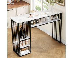 Pugsdrly Bar-tafel met opbergruimte, 140×40×105 cm, sta-tafel met MDF-tafelblad in marmerlook, 3 opbergvakken en zwart metalen onderstel, keukentafel voor keuken, eetkamer en ontbijthoek.