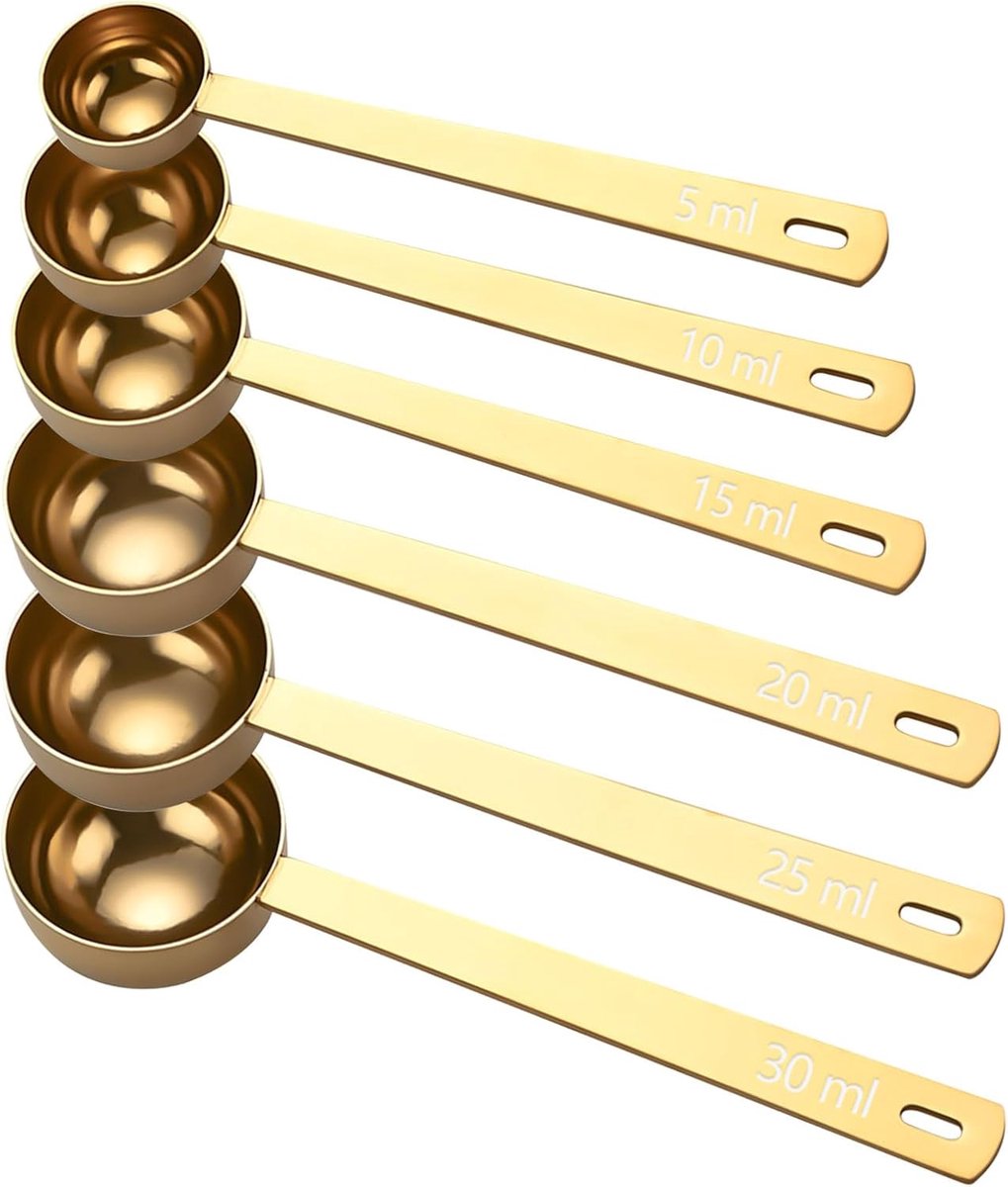 6 stuks koffielepels met lange handgreep voor thee, koffie, bonen | 5 ml/10 ml/15 ml/20 ml/25 ml/30 ml, goud, eetlepel van roestvrij staal, koffieschep