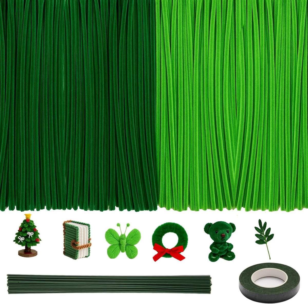 200 stuks pijpenragers, groen, chenilledraad, pijpenrassers om te knutselen, 30 cm lange pijpreiniger met lint en bloemenstokken voor doe-het-zelf knutselprojecten, decoraties
