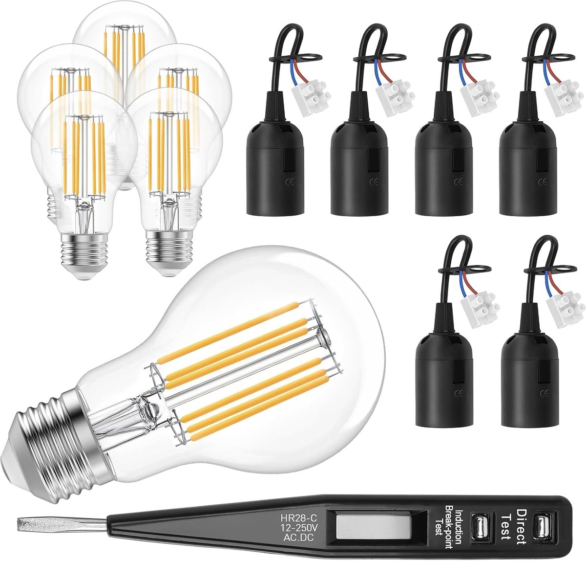 6 x E27 lamphouder met kabel + 6 x 6 W ledlamp warm wit + VDE-spanningstester, lamphouder lamp voor bouwplaats en renovatie