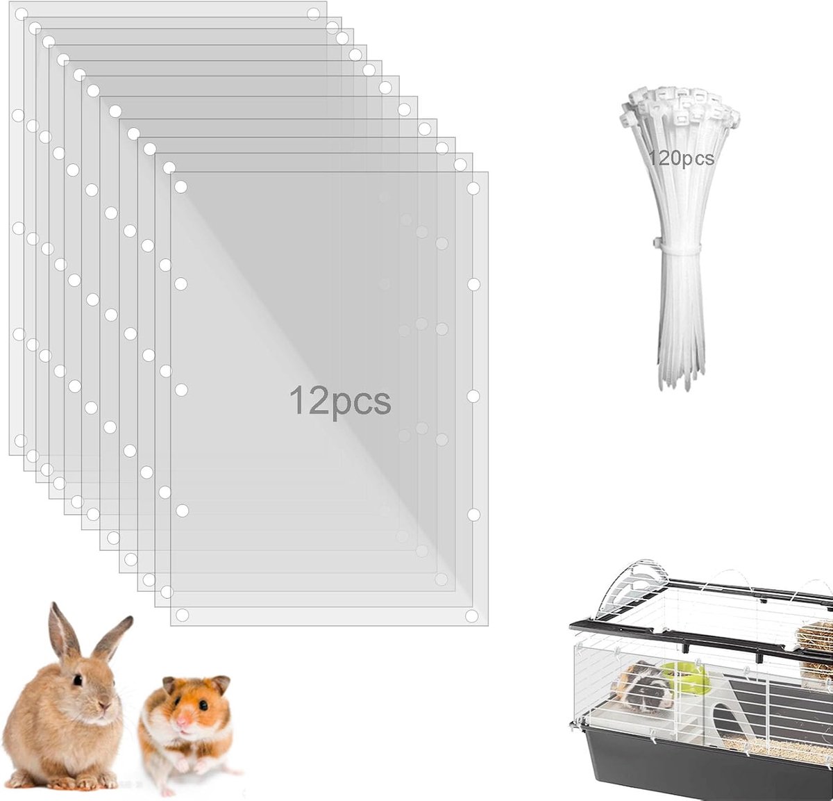 Kooi Urine Guard, Plastic Kooivoering voor Huisdieren, 12 Stuks Doorzichtige Kooi Randvoering met 120 Stuks Bundelbanden voor Konijn Cavia Hamster Egel Chinchilla Fret (30x20CM)
