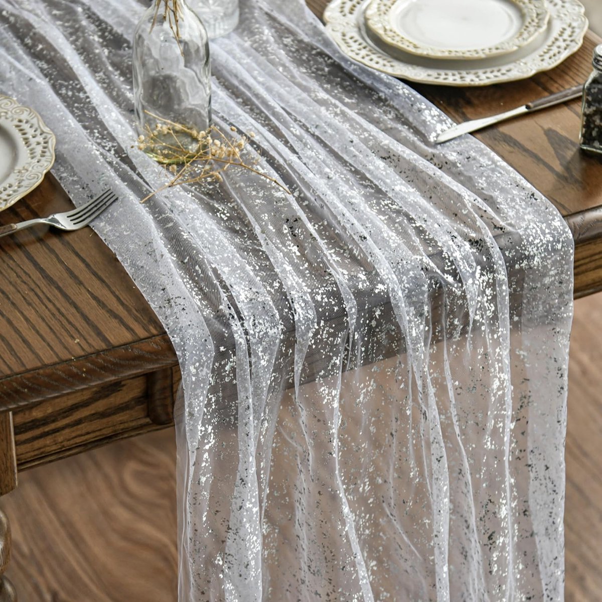 Mode Gaas tule glitterfolie wit zilver 6 stuks tafellopers 70 x 300 cm, keukentafeldecoratie binnen vakantie feest verjaardag decoratie