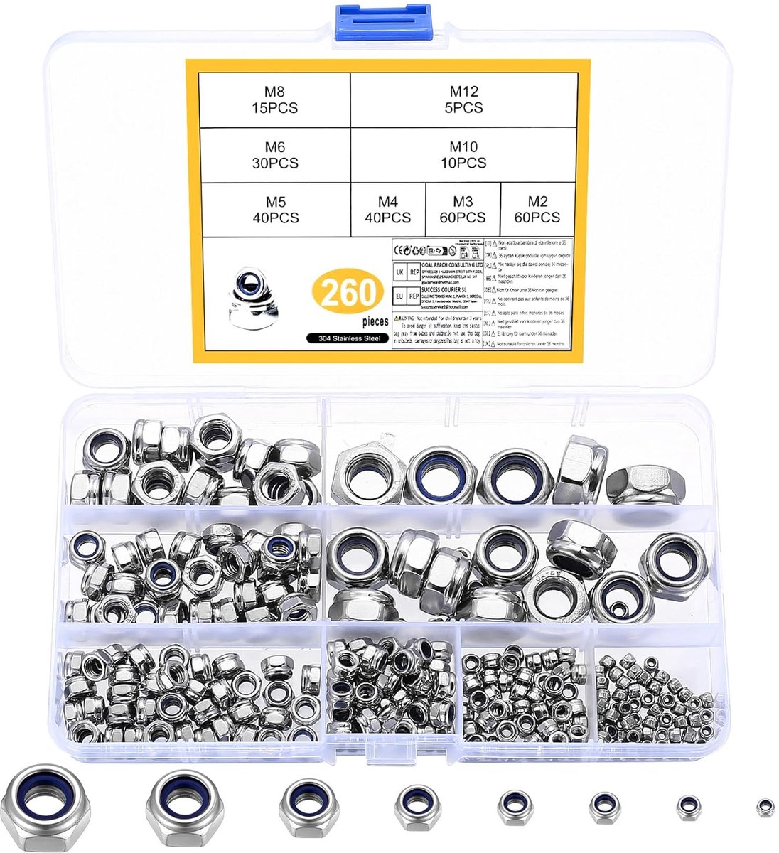 260 stuks zelfborgende moeren, zeskantmoeren, zelfborgende zeskantmoeren van roestvrij staal met nylon inzetstukken, moer voor schroeven en bouten, M2, M3, M4, M5, M6, M8, M10, M12