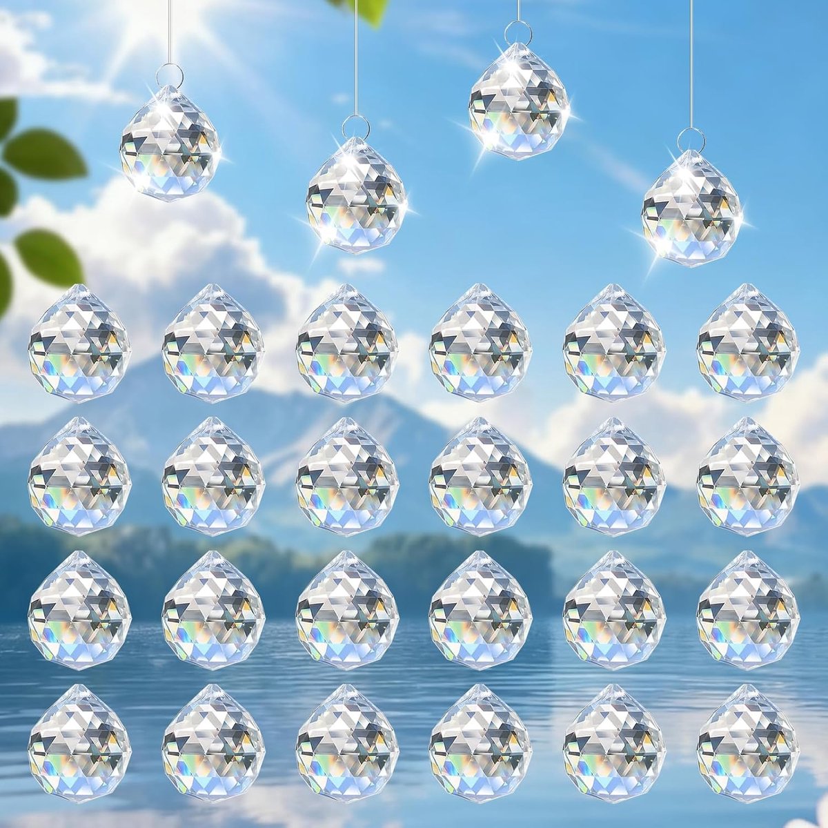 24 stuks zonnevanger, 20 mm zonnevanger kristal, zonnevangers, kristallen om op te hangen, zonnevangers kristal, zonnevangerknutselset, met transparante lijn en 24 ringen