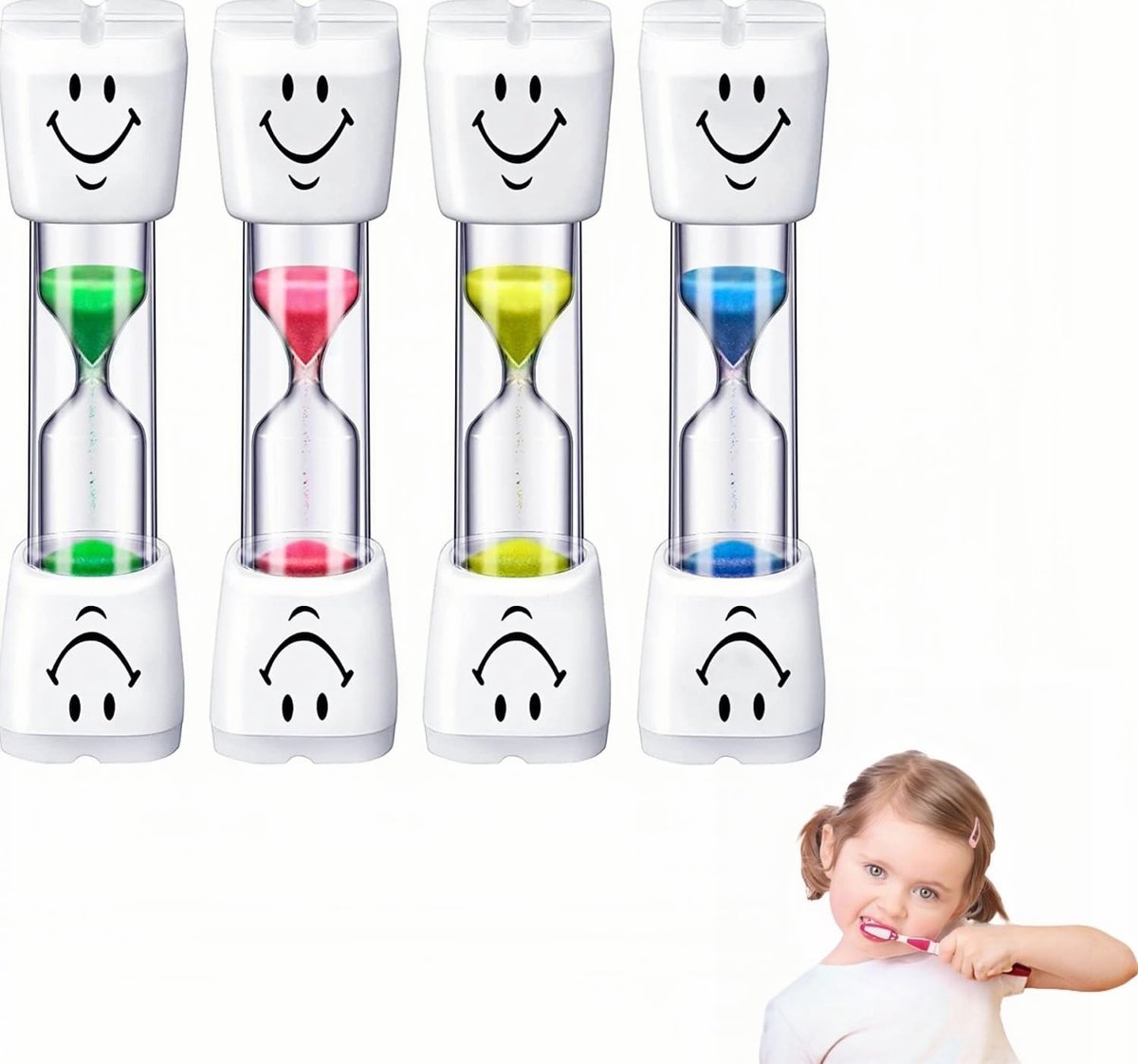 tandenpoetsen voor kinderen, 4 stuks kleurrijke zandlopers, 3 minuten tandenborstel, timer, mini-smiley zandloper, keukentimer, timer voor het leven van kinderen, leren