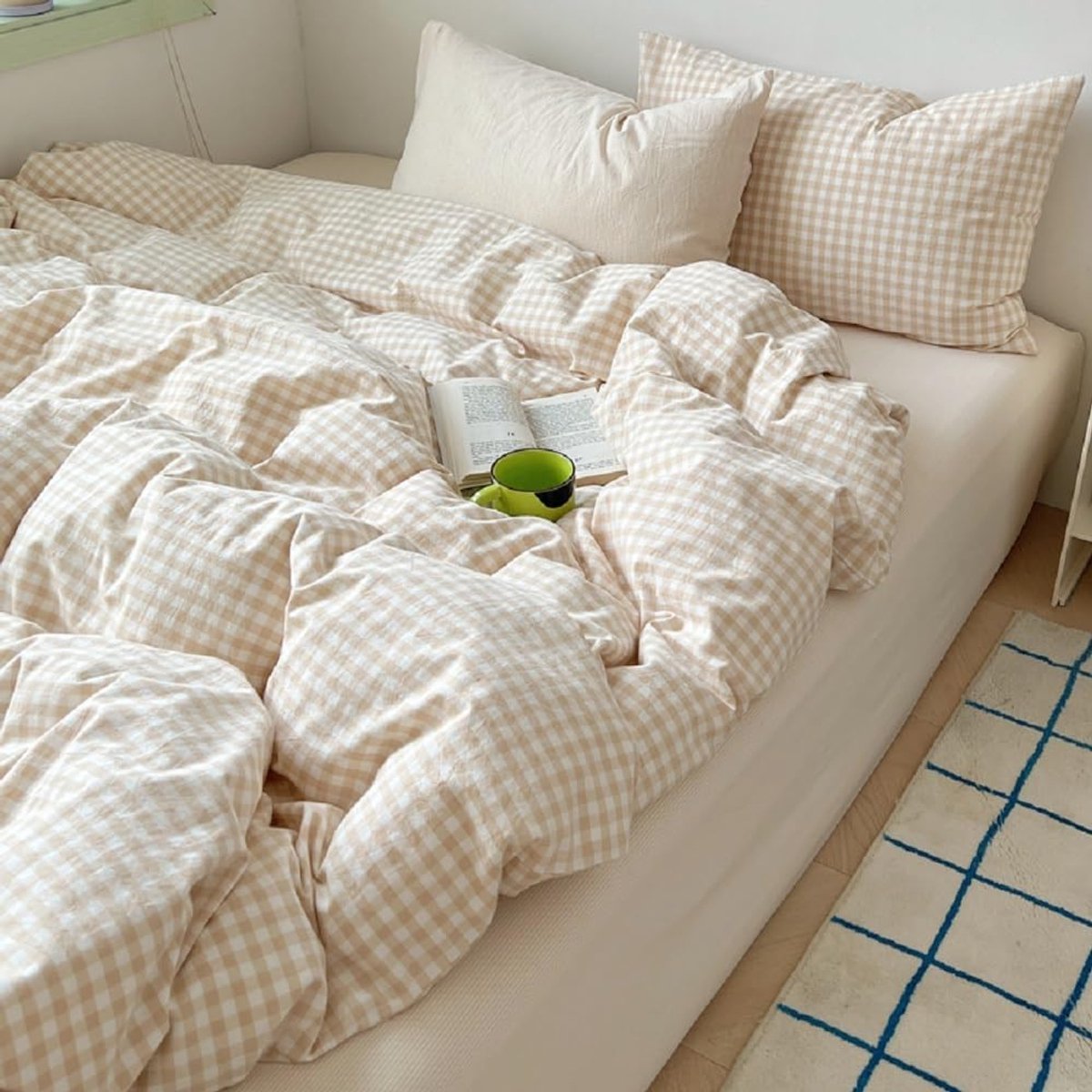 Beddengoed 135 x 200 cm, 4-delig, geruit, beige, geometrisch omkeerbaar beddengoed, Öko-Tex beddengoedsets dekbedovertrek met ritssluiting en 2 kussenslopen 80 x 80 cm