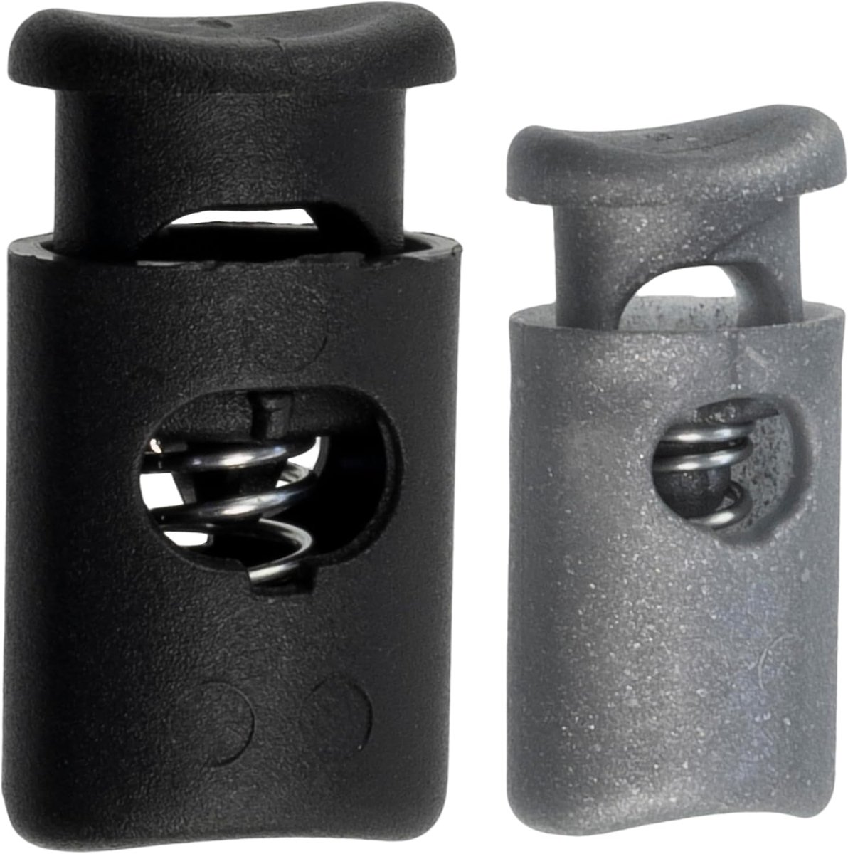- Set van 12 koordstoppers met veer 14 mm en 10 mm met 1 gat - kleur zwart en zilver - openingen 5 mm en 8 mm - van kunststof