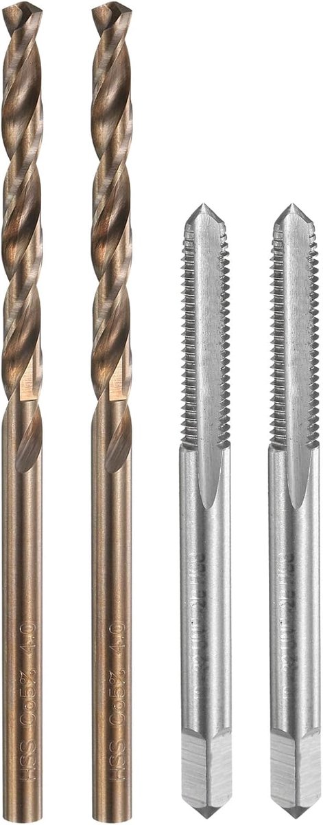 Schroefdraadtassenset, 2 stuks 10 32 UNF rechte groef schroefdraadschroeven & 2 stuks 4 mm spiraalboren, ongecoat/roodgeel HSS 6542/M35 HSS CO machineschroefdraadboorset