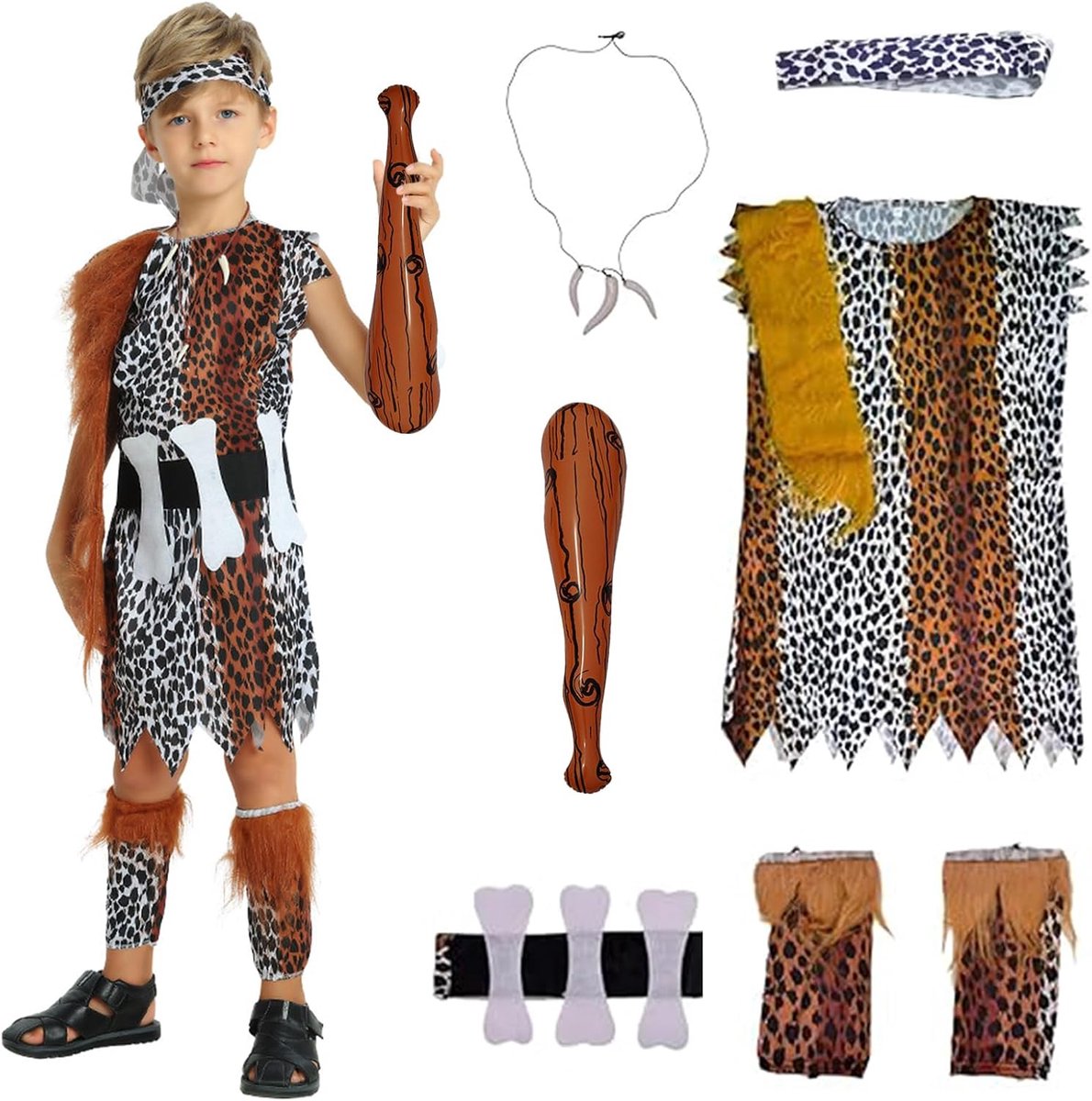 Grotmensenkostuum voor kinderen, steentijdperk kostuum voor jongens en meisjes, Halloween grotmensenkostuums, prehistorische kostuums voor Halloween, carnaval en kostuumfeesten