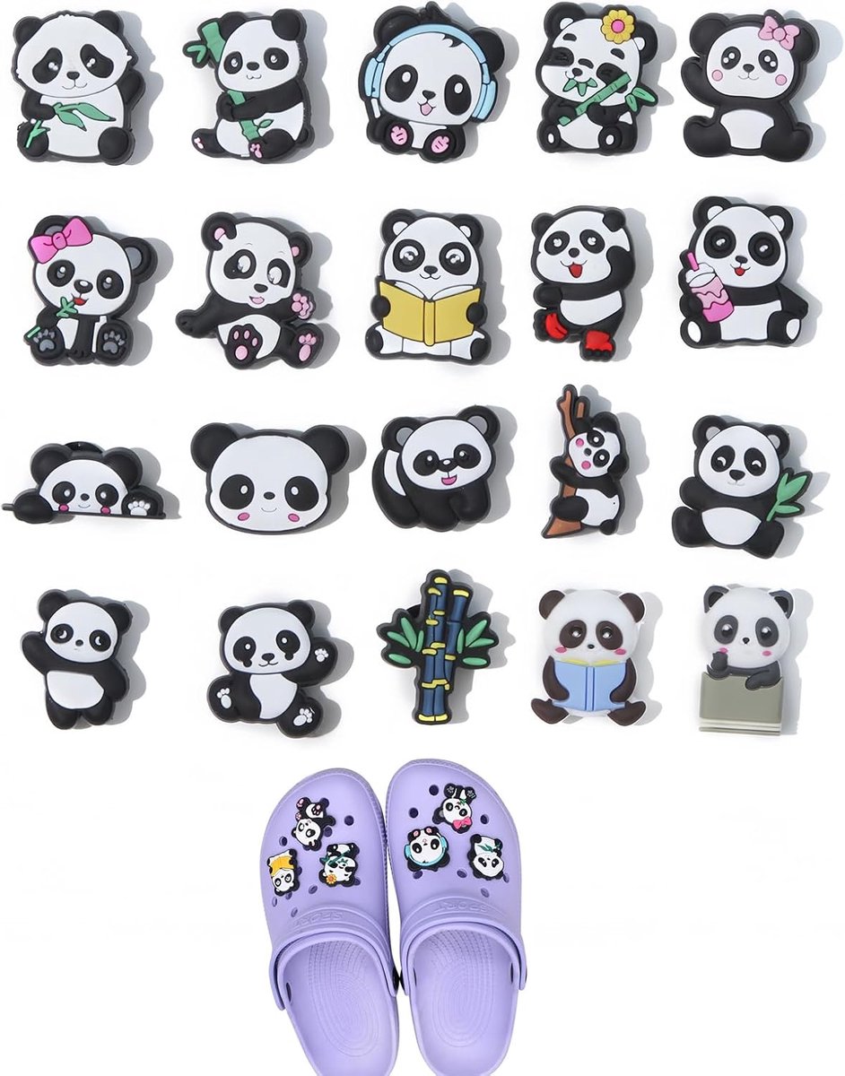20 stuks schoenaccessoires, speciaal ontworpen voor Crocs, geschikt voor Crocs-accessoires in panda-design, eenvoudig aan te brengen, geschikt voor jongens, meisjes en volwassenen