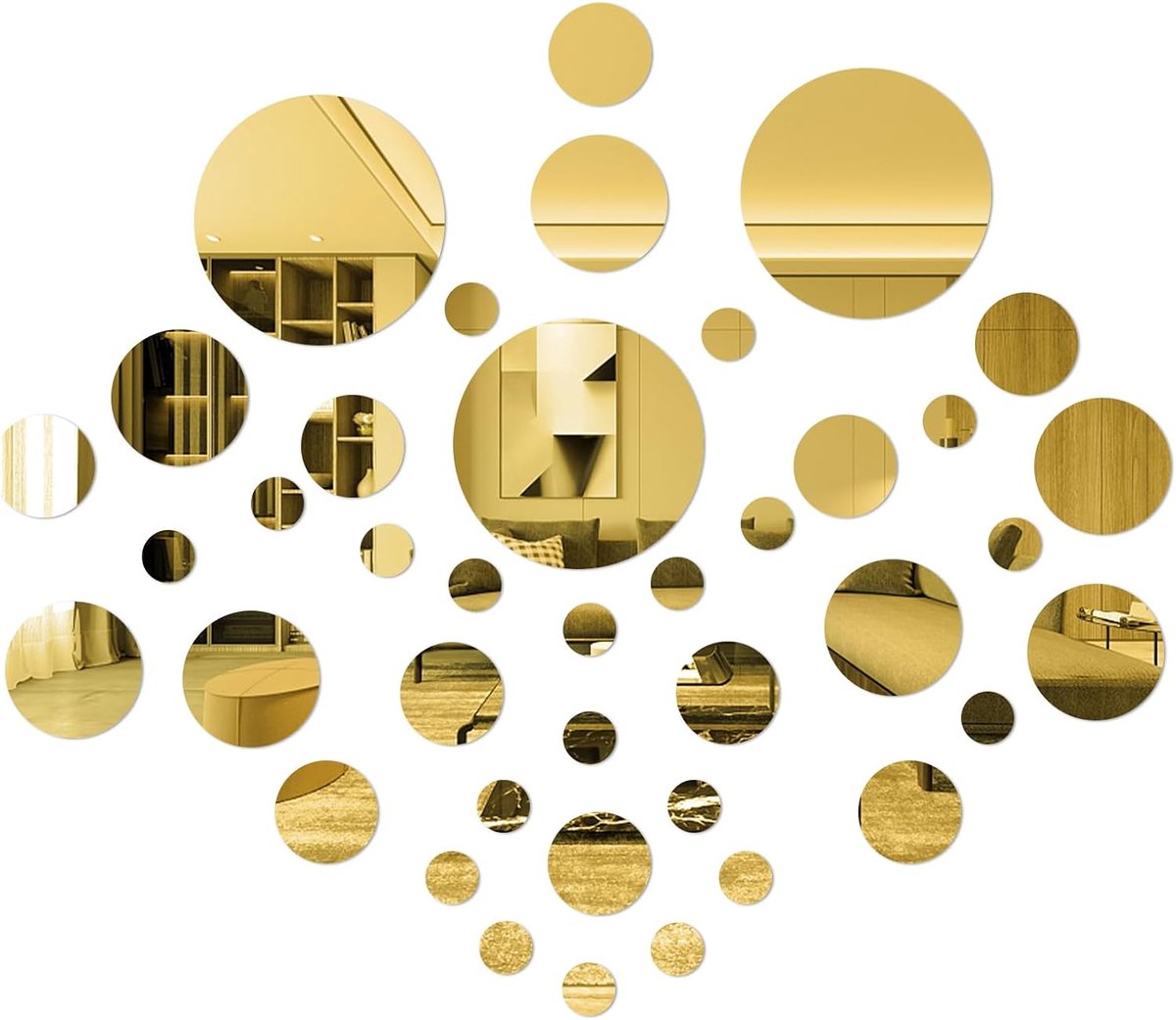 40 stuks spiegelwandstickers, verschillende zelfklevende spiegelstickers voor muren, ronde ambachtelijke tegels, decoratieve stickers, gouden cirkel voor thuisachtergrond