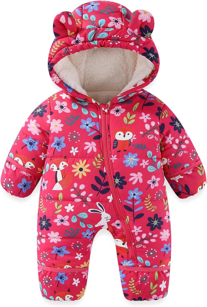 Sneeuwpak voor baby's, kleine kinderen, beer met capuchon, opvouwbare wanten, voetjes, overall, kleine kinderen, warm, fleece, romper, meisjes en jongens, warm jumpsuit, 3-24 maanden
