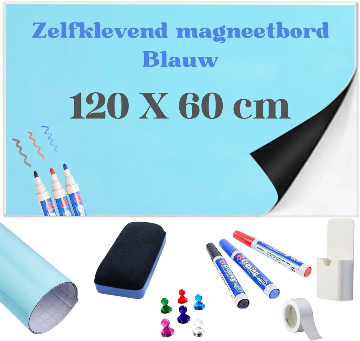 Magnetische Whiteboard Folie – Zelfklevende Whiteboard Sticker voor Muur, Herbruikbare Planner voor Thuis, Kantoor & School (120 x 60 cm Blauw)