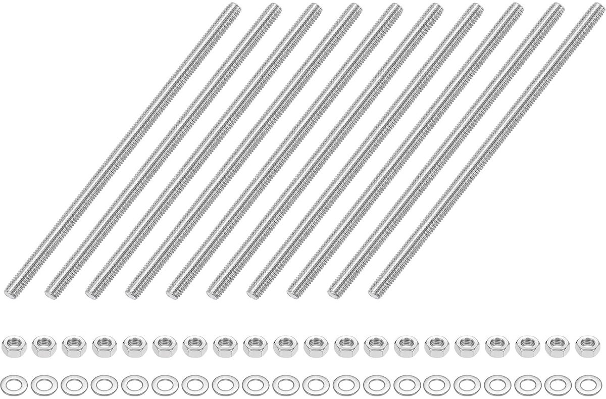 10 stuks draadstangen M5 x 120 mm, roestvrijstalen stokschroeven, schroefdraadpennen met 20 stuks zeskantmoeren en 20 stuks sluitringen, volledige schroefdraadstang voor meubels, machines