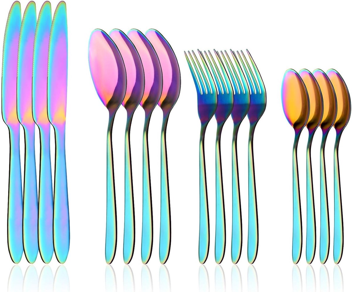 Bestek Set 4 Personen, 16 Deels Edelstahl Bestek Set | Herbruikbare Eetbestek Set met Messer Gabel Löffel, Glänzendes Regenbogenmetallbesteckset