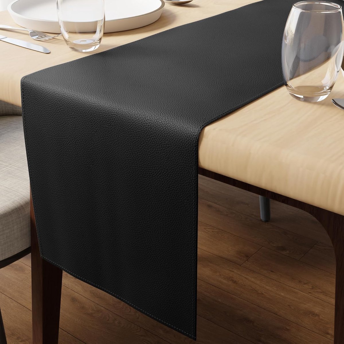 XO Tafelloper van kunstleer, afmetingen 30 x 150 cm, 0,7 mm dik, waterdicht en antislip tricot achterkant, zwart, voor ESS- en keukentafeldecoratie