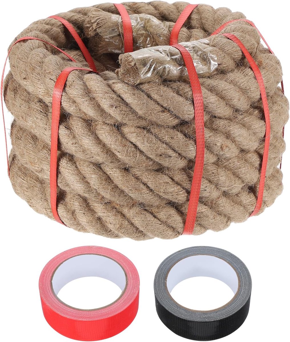Jute touw, 5 cm x 50 m dik, natuurlijk, zwaar gevlochten touw met 2 rollen band voor kunsthandwerk, relingen, moli, touwtrekken, nautische schommel, landschapsarchitectuur