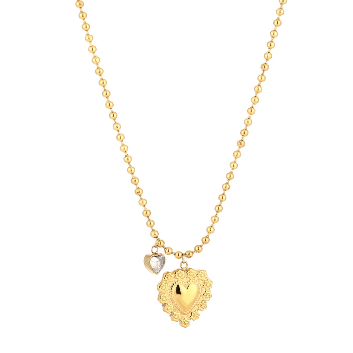 Sacred Heart & Bezel Zirconia Bead Chain Necklace – Luxe Gelaagde Hartjes Ketting met Zirkonia – RVS - Goud