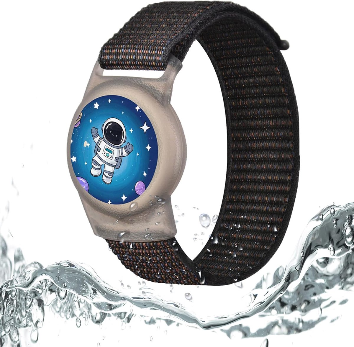 Armband waterdicht voor AirTag houder, Siliconen anti-verlies GPS-tracker-armbandhoes voor peuters (astronaut zwart)
