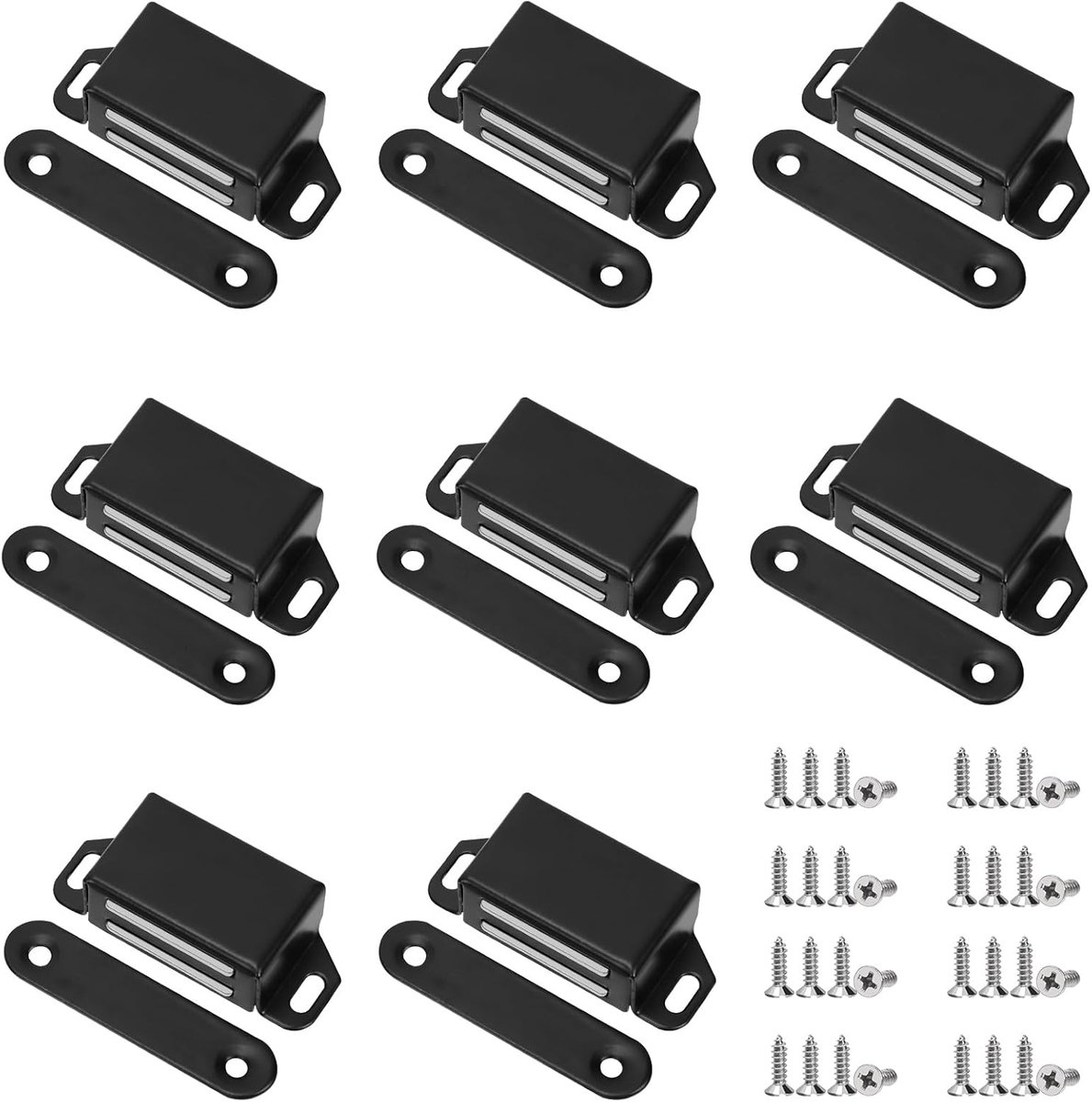 8 Pack 2,16 "x 0,8" Zwarte Medium Roestvrijstalen Kabinet Magnetische Vang met Schroeven Assortment Kit, Sterke Deur Magnetische Vangen voor Deur Keukenkast Sluiting Kast Deur Sluiter