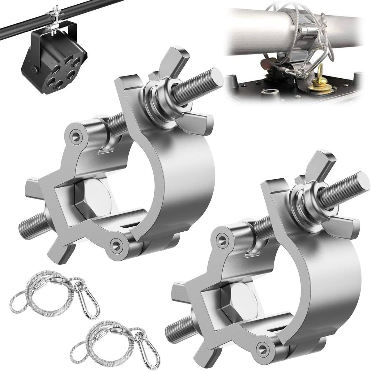 2 stuks traverseklemmen voor 25-30 mm traverse + 2 stuks veiligheidskabel 4 mm x 80 cm, haak van aluminiumlegering, roestvrij stalen veiligheidskabel met karabijnhaak, accessoires voor beweegbare